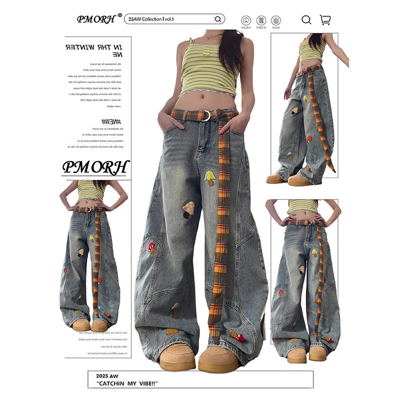 PMORH美式设计感卡通刺绣垂感牛仔裤女秋冬2026高个子显瘦弯刀裤,女装/女士精品,牛仔裤,淘宝优惠券,粉丝福利购,淘宝优惠卷