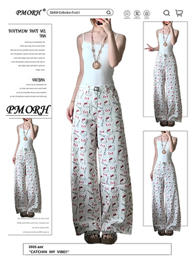 PMORH高个子白色KT猫印花设计感牛仔裤女秋冬新款宽松显瘦直筒裤