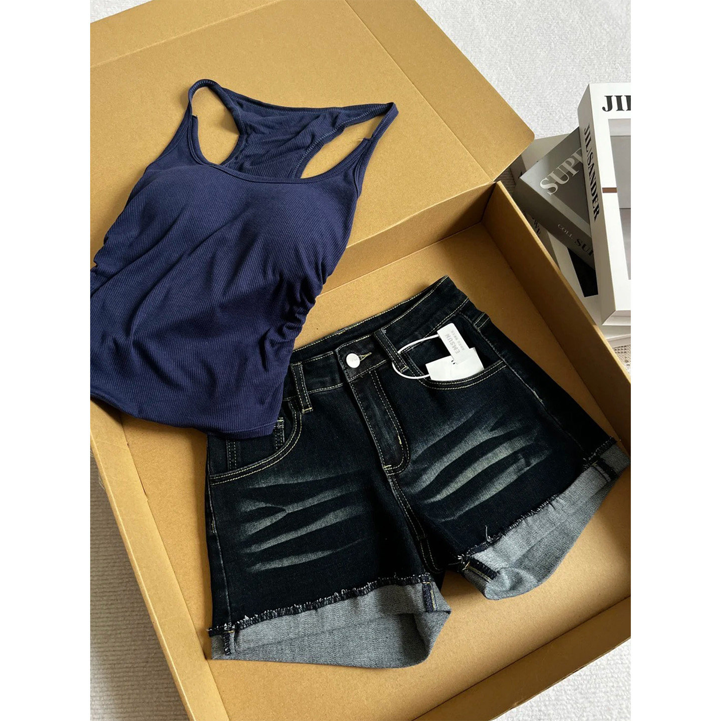 PMORH辣妹风胖MM高腰牛仔短裤女2026夏季新款深蓝色卷边显瘦热裤