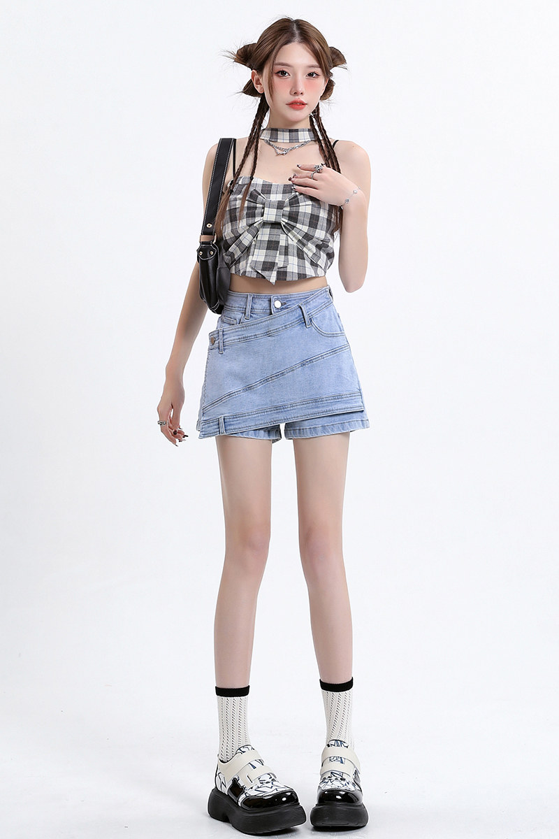 PMORH 新款辣妹复古假两件高腰显瘦牛仔裙裤女小众设计感牛仔短裤,女装/女士精品,牛仔裤,淘宝优惠券,粉丝福利购,淘宝优惠卷