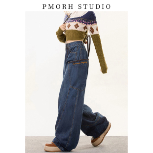 冬设计感宽松镰刀阔腿裤 PMORH美式 女春季 弯刀牛仔裤 复古蓝色工装