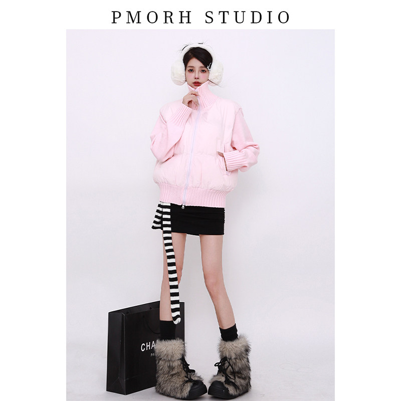 PMORH小个子粉色针织拼接羽绒棉服女冬加厚保暖休闲宽松短款外套