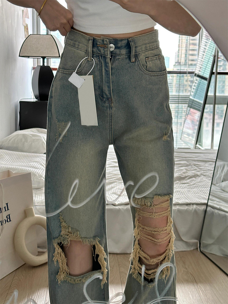 PMORH 复古浅蓝色破洞牛仔裤女秋冬高街乞丐裤显瘦拖地阔腿长裤子,女装/女士精品,牛仔裤,淘宝优惠券,粉丝福利购,淘宝优惠卷
