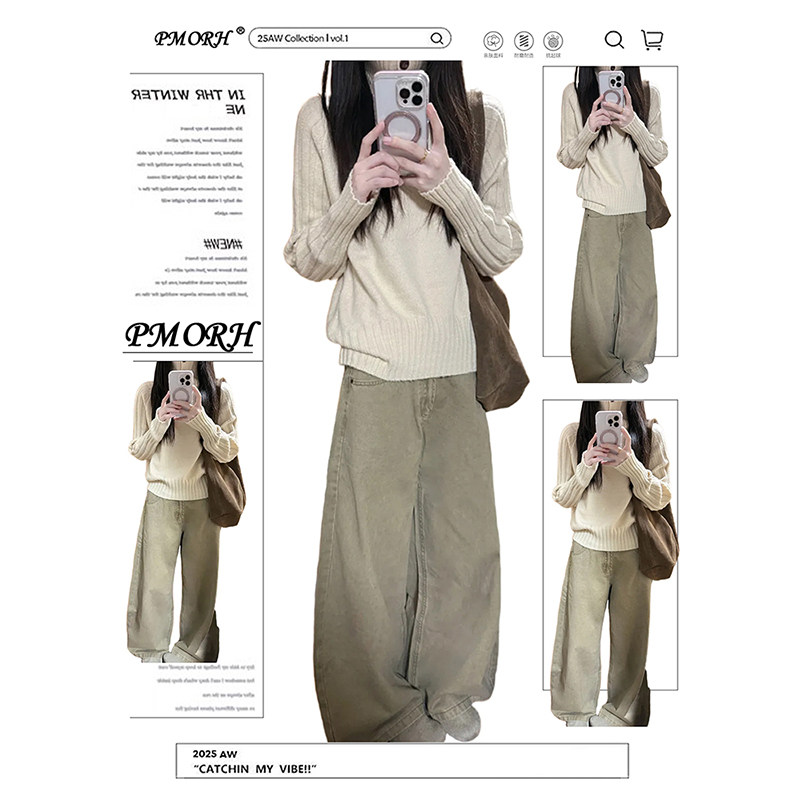PMORH复古卡其色高腰水洗直筒牛仔裤女秋冬2026新款显瘦阔腿裤潮,女装/女士精品,牛仔裤,淘宝优惠券,粉丝福利购,淘宝优惠卷