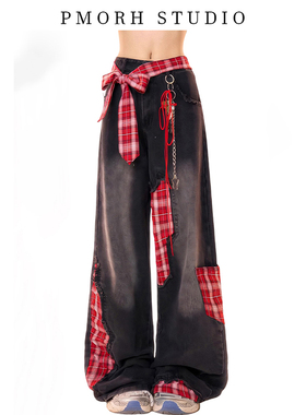 美式重工拼接格子蝴蝶结牛仔裤女秋冬季新款复古小众直筒阔腿长裤