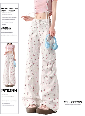 PMORH 白色碎花休闲裤女2026新款美式工装直筒宽松阔腿运动束脚裤