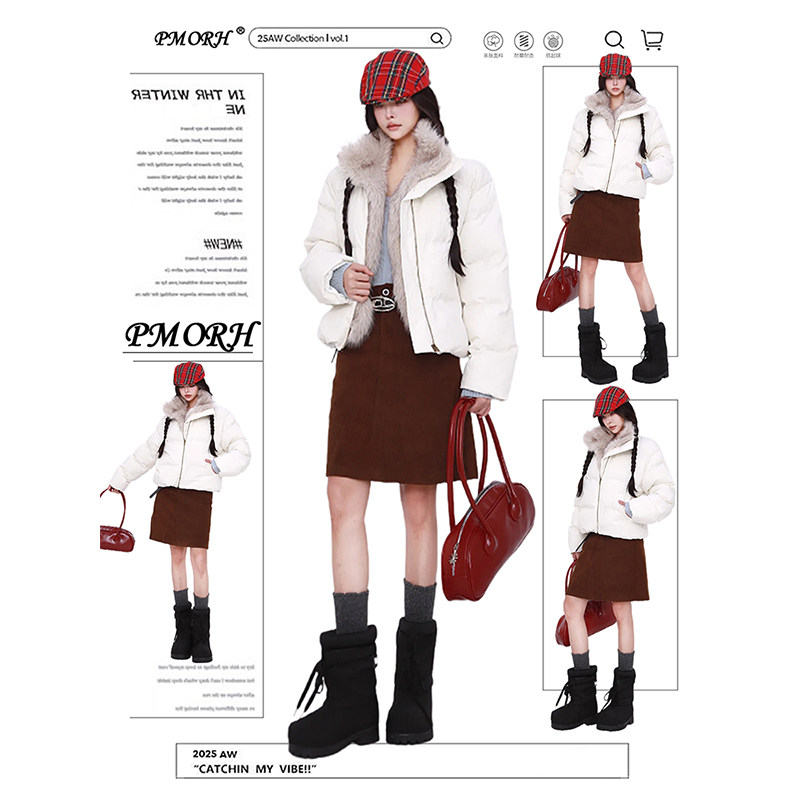 PMORH白色复古大毛领连帽羽绒棉服外套女春季新款加厚宽松面包服