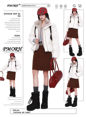 PMORH白色复古大毛领连帽羽绒棉服外套女冬季新款加厚宽松面包服