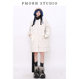 PMORH压线中长款羽绒棉服女2026秋季新款圆领保暖加厚棉袄外套潮