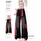 高腰宽松直筒拖地裤 PMORH 新款 女春季 子 黑色拼接蝴蝶结阔腿牛仔裤