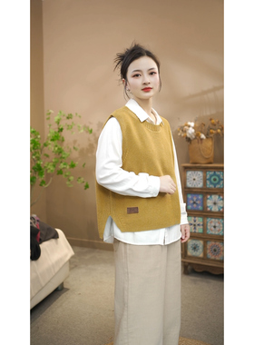 春款侧面开叉棉线针织圆领套头贴标马甲女休闲百搭叠穿上衣26616