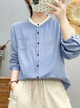 2025秋季新款圆领花边棉纱衬衫休闲百搭宽松长袖上衣86275