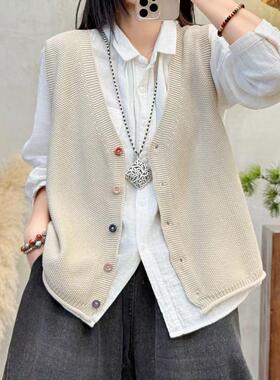 2025春季新款彩虹扣V领开衫马甲女休闲百搭叠穿外搭2511