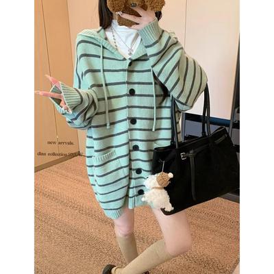 毛衣连帽针织开衫女2025秋冬新款慵懒小个子韩系厚款条纹毛衣外套