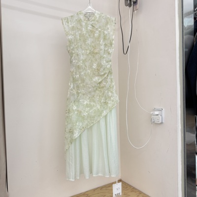 新中式绿色改良旗袍连衣裙女拼接假两件国风收腰长裙小个子夏季新