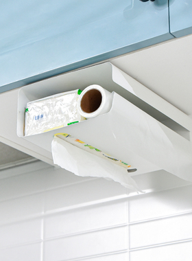 厨房专用纸巾架子悬挂保鲜膜袋收纳壁挂式免打孔橱柜下抽纸盒倒挂