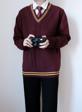 【刺篇】原创学院风JK/DK制服V领套头针织毛衣深洋红色男女秋冬