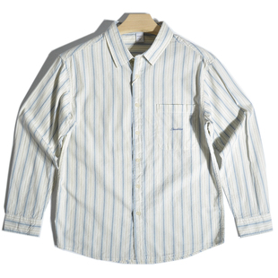 雅痞文艺复古港风字母刺绣日系竖条纹提花长袖 宽松休闲衬衣男 衬衫