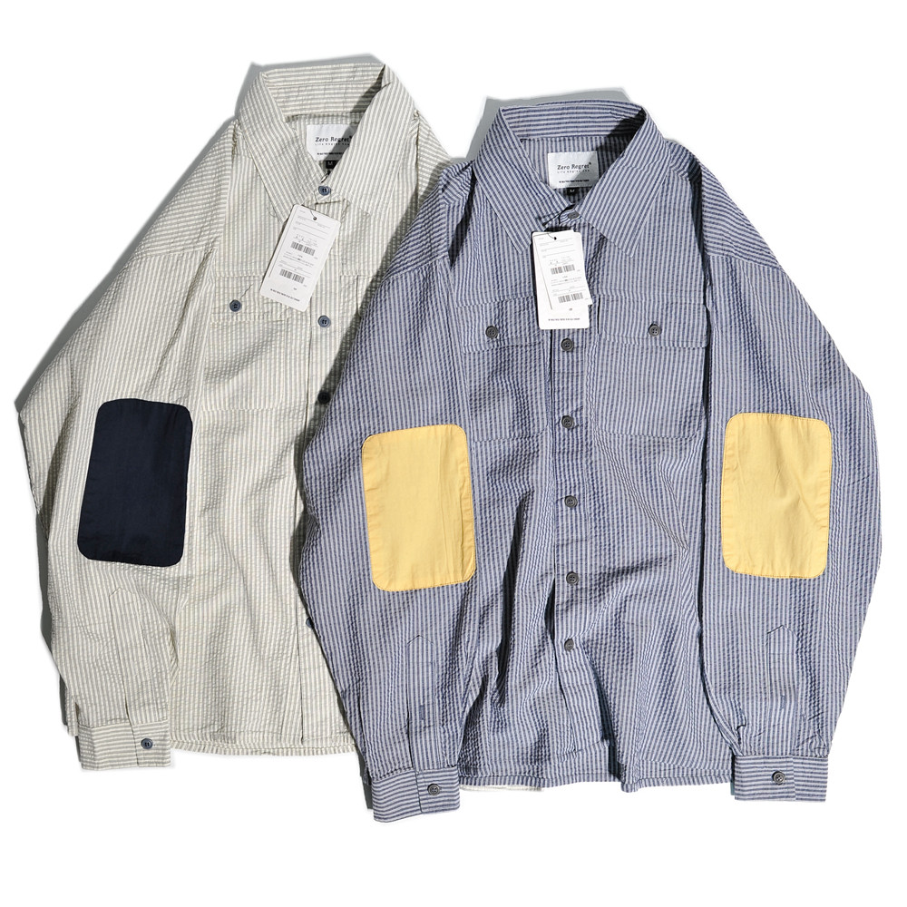 港风痞帅复古拼接肌理条纹衬衫