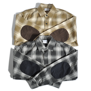 美式复古文艺咔叽肘部补丁美拉德格纹长袖衬衫日系宽松休闲外套