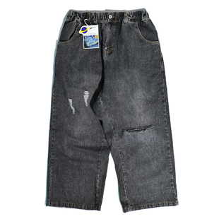 日版CityBoy港风复古街头嘻哈破洞阔腿直筒宽松休闲工装牛仔裤男
