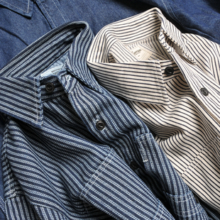 重磅复古老织机蓝白条纹阿美咔叽工装 日系港风大口袋牛仔衬衣 衬衫