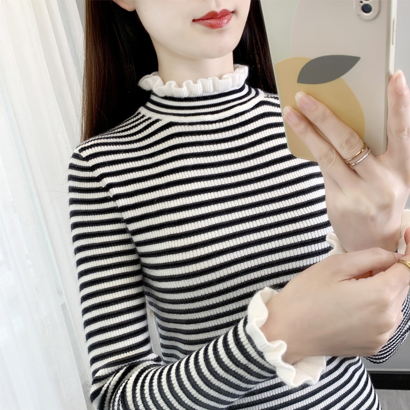 荷叶边条纹半高领针织衫打底衫女