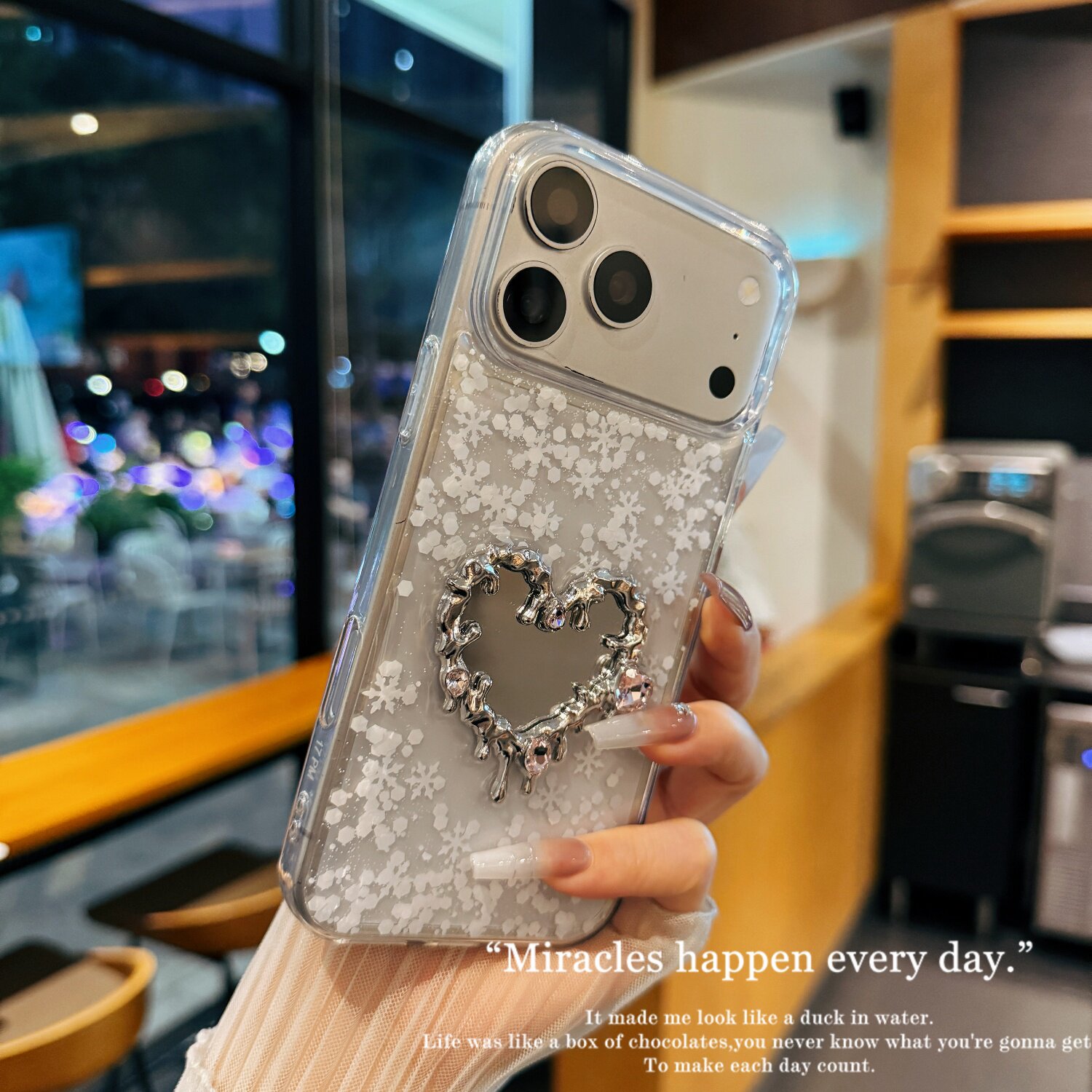 雪花爱心镜子适用苹果17promax手机壳华为Mate80小米15oppoReno16滴胶vivos60红米k90一加ace6保护套荣耀600