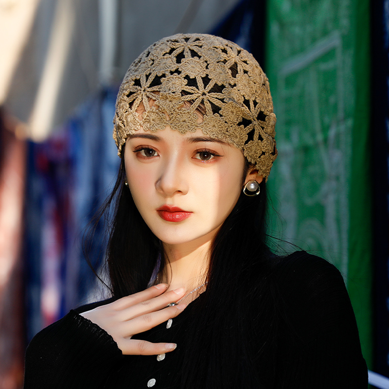 帽子女款秋冬包头帽女手工钩花女士民族风头巾针织镂空遮白发头套