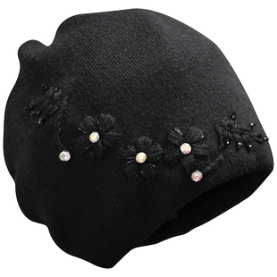 帽子女冬季毛线帽保暖针织帽花朵堆堆帽女士包头冷帽护耳加厚时尚