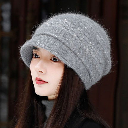 帽子女冬季2023新款短檐针织毛线帽时尚中年女士保暖包头堆堆冷帽