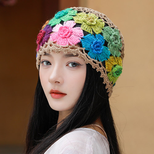 1020r帽子女花朵针织女士薄款镂空钩花毛线包头优雅百搭遮白发款