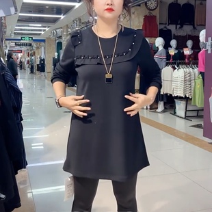 冬季时尚洋气女加肥加大码圆领木耳边钉珠长袖打底衫连衣裙显瘦款