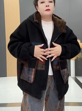 大兜羊羔毛拼色牛仔连帽棉服外套