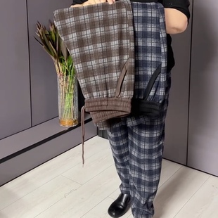 冬季时尚洋气加大码女装松紧腰抽绳宽松显瘦格子休闲裤直筒哈伦裤