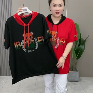大码女装连帽短袖小熊T恤2024春夏新款烫钻时尚宽松洋气妈妈上衣
