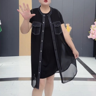 夏季时尚气质女加肥加大码圆领短袖连衣裙+中长砍袖外套两件套潮
