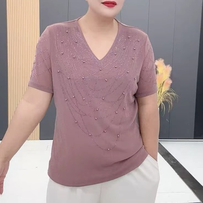 洋气纯色烫钻钉珠V领短袖蕾丝衫