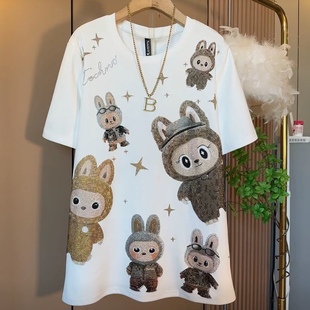春季洋气减龄女加肥加大码圆领重工烫钻卡通图案短袖T恤显瘦百搭