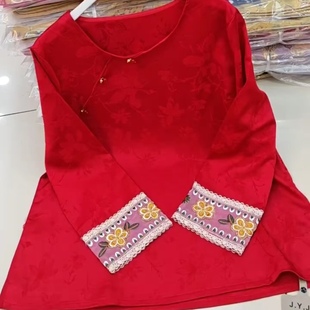 新中式刺绣花边长袖打底衫2025冬季大码女装圆领国风唐装纽扣大衫