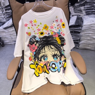 春季款卡通风印花字母短袖T恤圆领胖mmt恤百搭可爱小女孩图案大衫