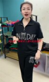 新款 半拉链立领上衣长裤 加大码 烫钻字母小熊短袖 两件套女 套装 夏季