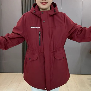 春季新款加大码连帽二棉服女抽绳收腰冲锋衣外套宽松显瘦百搭棉衣