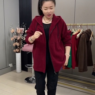 2024秋季高档简约胖妹妹雪尼尔纯色长袖连帽拉链开衫外套宽松百搭