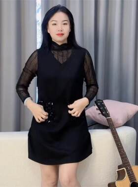 韩版连衣裙黑色拼接蕾丝