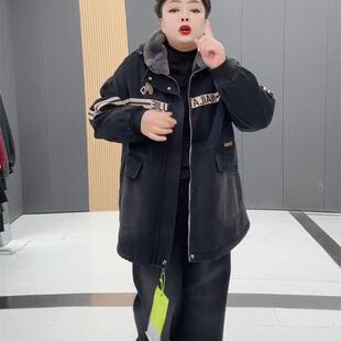 冬季休闲百搭加肥加大帕条字母加绒牛仔连帽拉链棉服外套宽松保暖