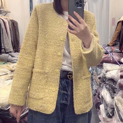 小香风粗花呢短外套女加肥加大码黄色圆领单排扣百搭减龄早春外套