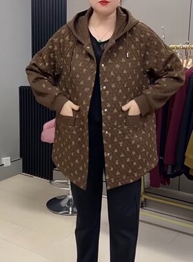秋季妈妈装百搭加肥加大码碎花大兜单排扣开衫加厚连帽外套女宽松