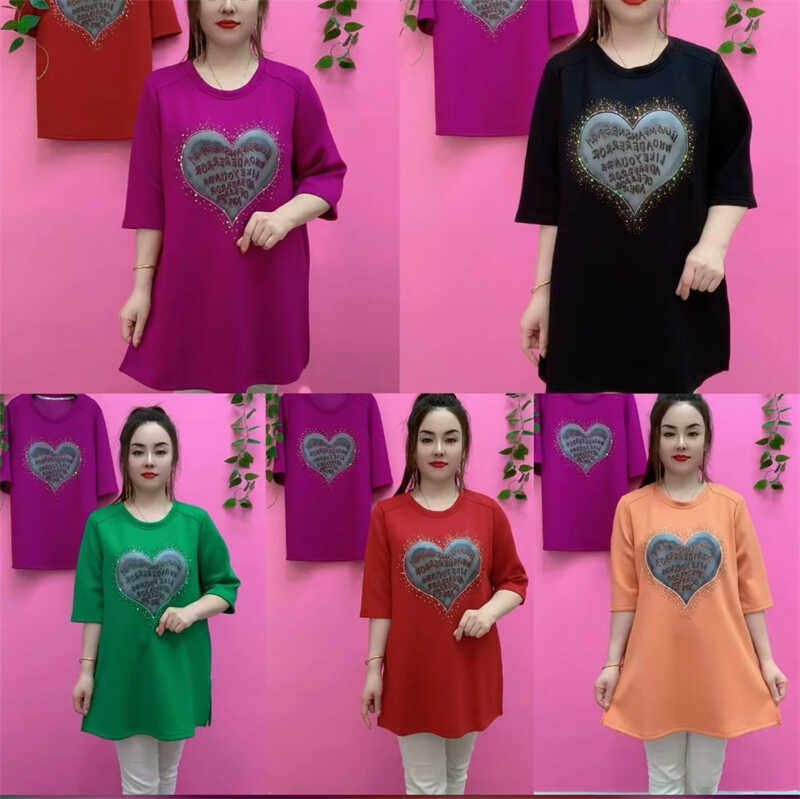 早秋新款时尚洋气减龄胖妹妹烫钻爱心圆领五分袖T恤大衫宽松遮肉