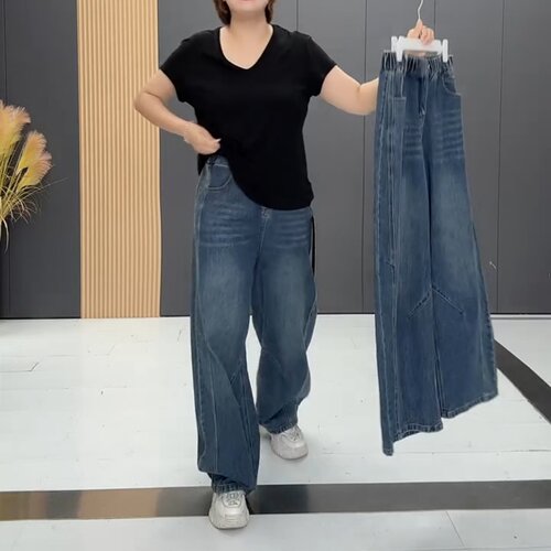 秋季女大码松紧腰显瘦直筒牛仔裤